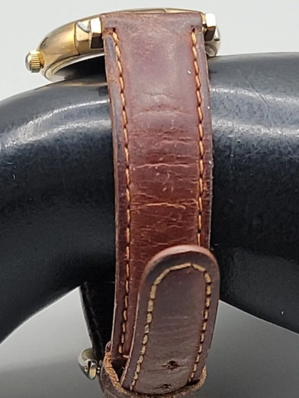 Vtg Fossil 1990s Womens Watch Gold Filigree Mandala Mother of Pearl Leather 30mm